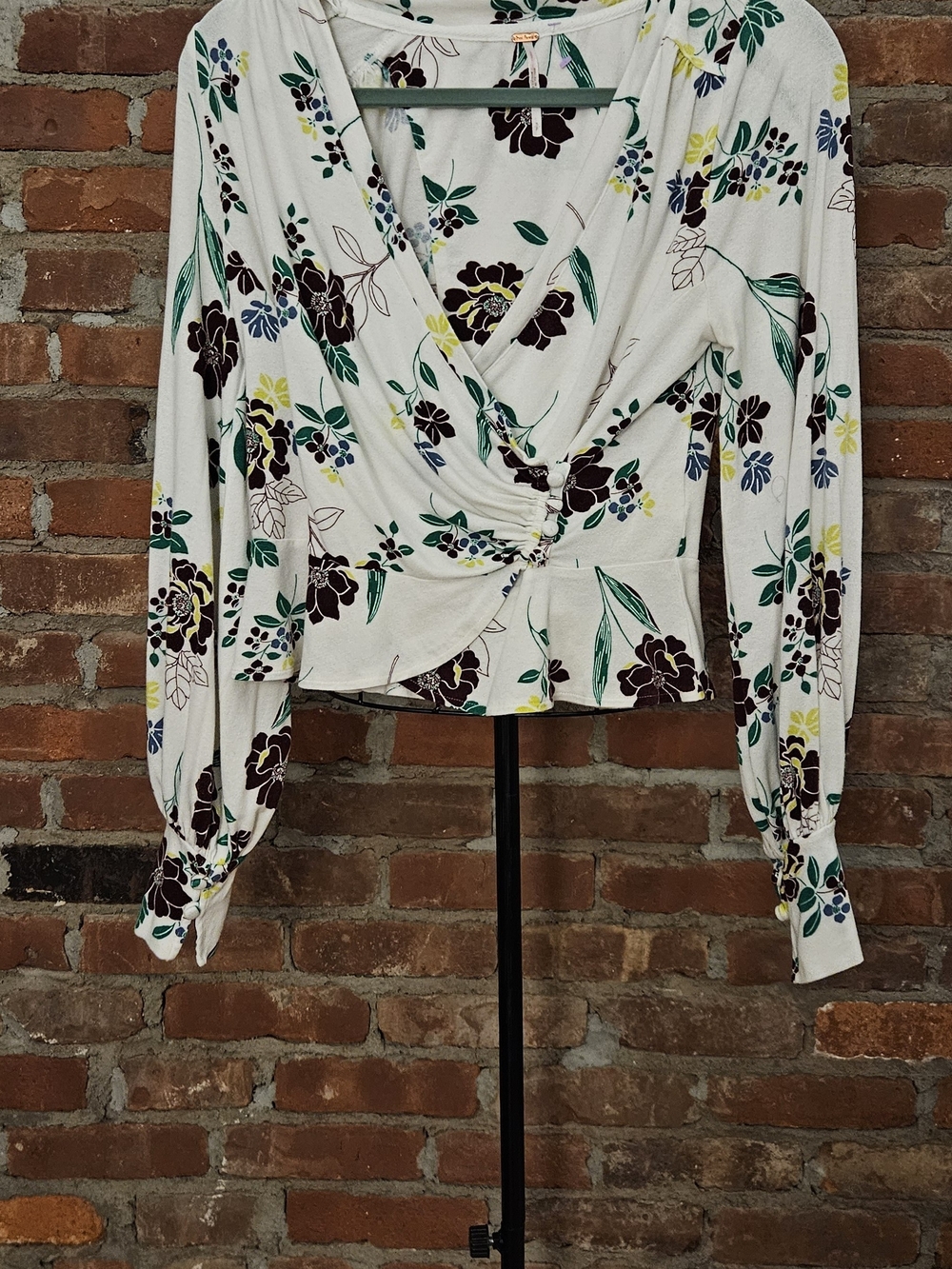 Purple Green & White Floral Wrap Long-Sleeve Top With Button Accent & Peplum Sm